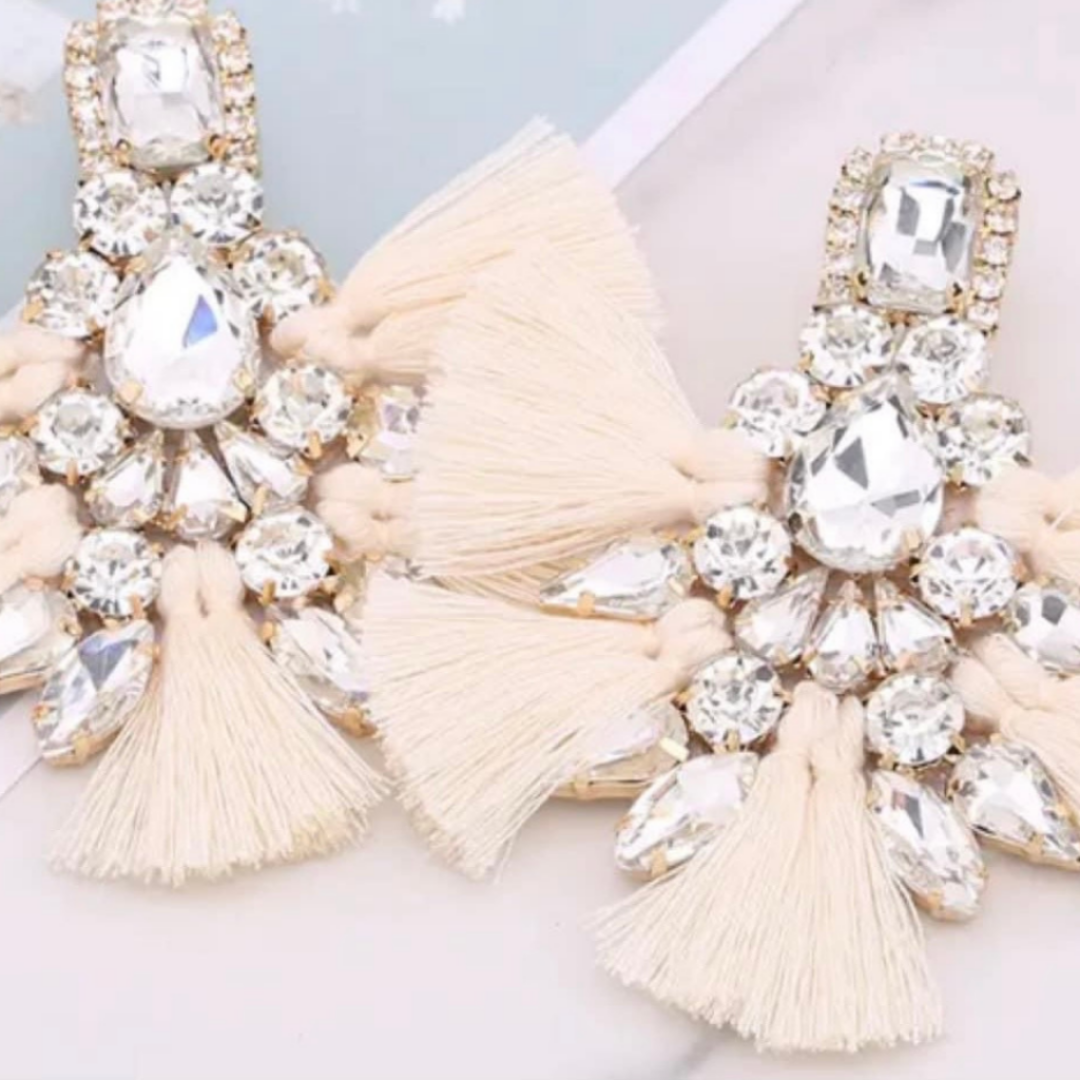 Beige Rhinestone & Tassle Bulk Earrings