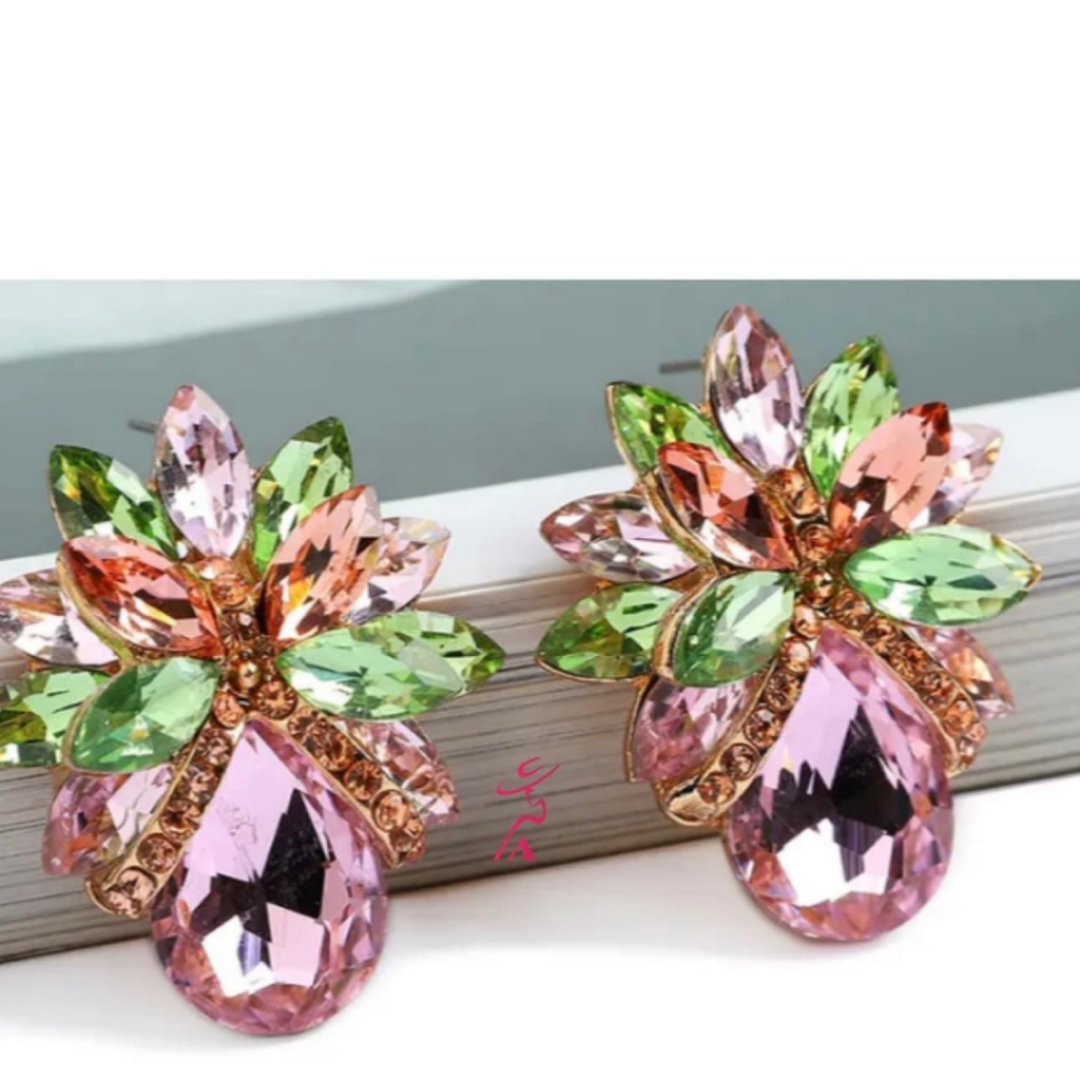 Gold, Pink, Brown & Green Stud Fashion Earrings