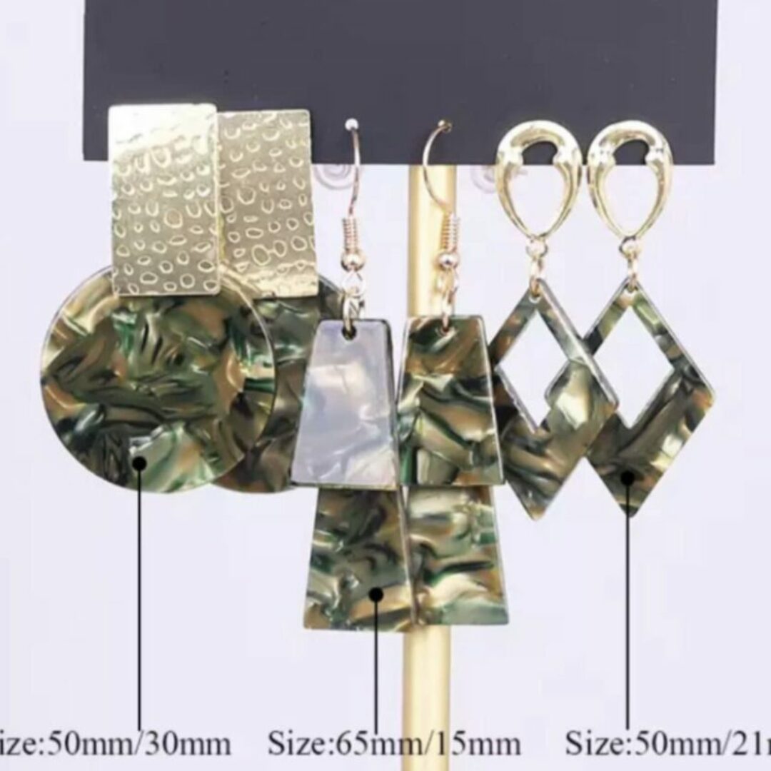 Gold & Army Green Patterned Earrings Set