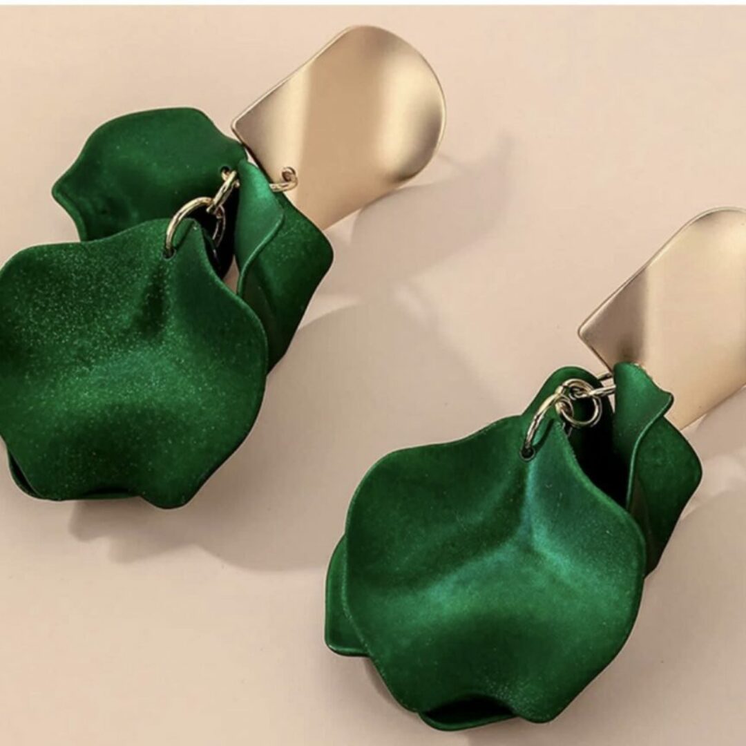 Gold Stud Green Flower Petals Drop Earrings