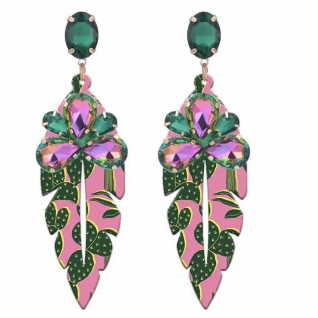 Pink & Green Leaf Shaped Drop Earrings