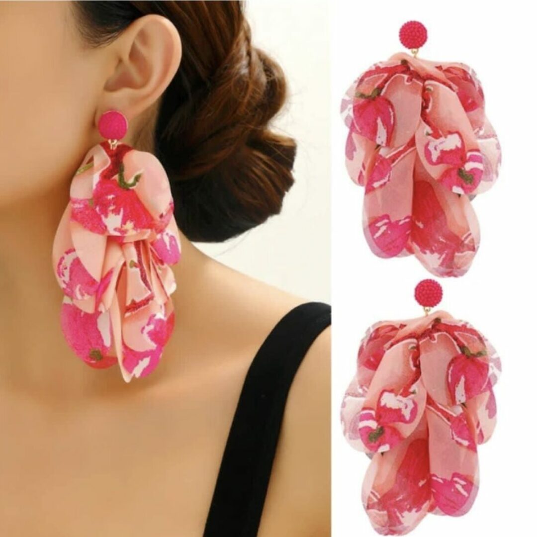 Rose Red Bohemian Floral Print Hanging Earrings