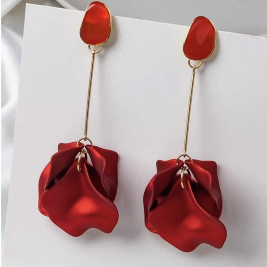 Gold & Red Hanging Flower Petals Earrings