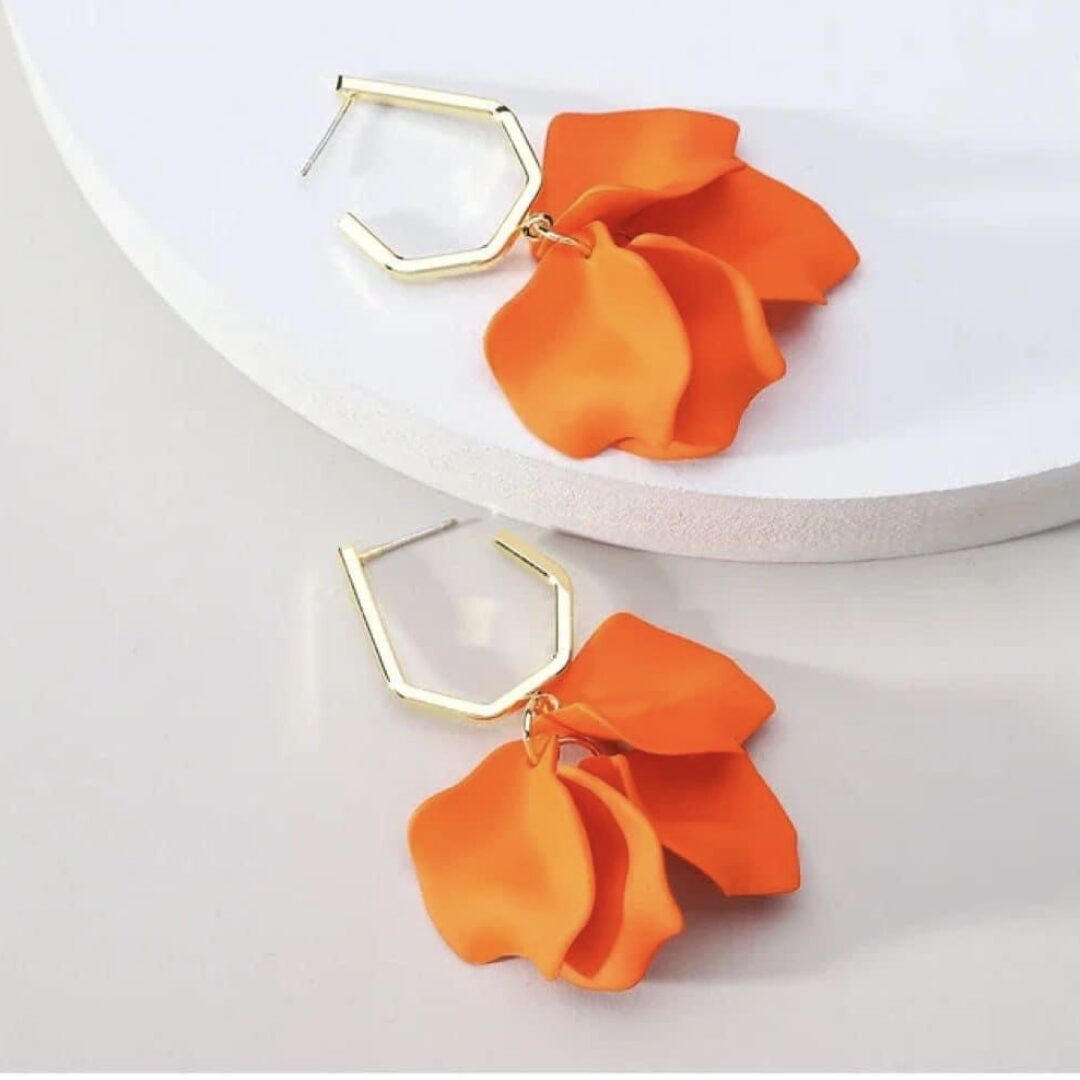 Gold Hoop Orange Flower Petals Earrings