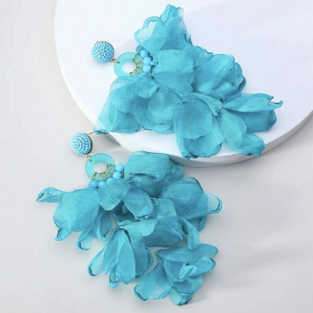 Sky Blue Cloth Flower Petals Hanging Earrings