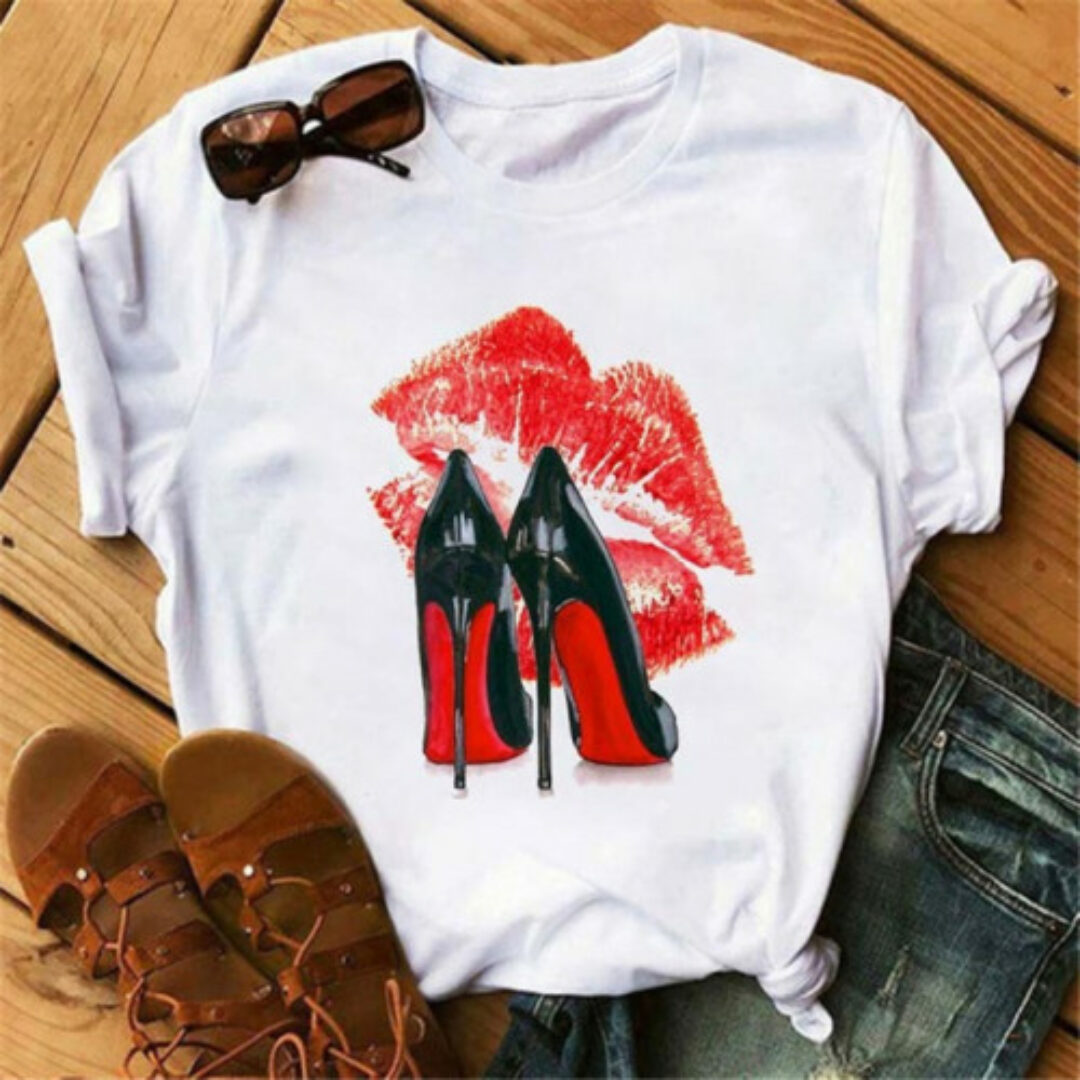 Red Lips & Heel Bottoms Print Round Neck White T-Shirt