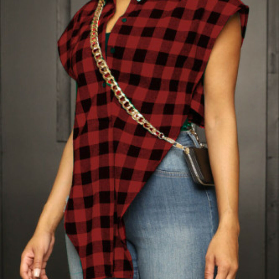 Red & Black Checkered V-Neck Sleeveless Crop Top