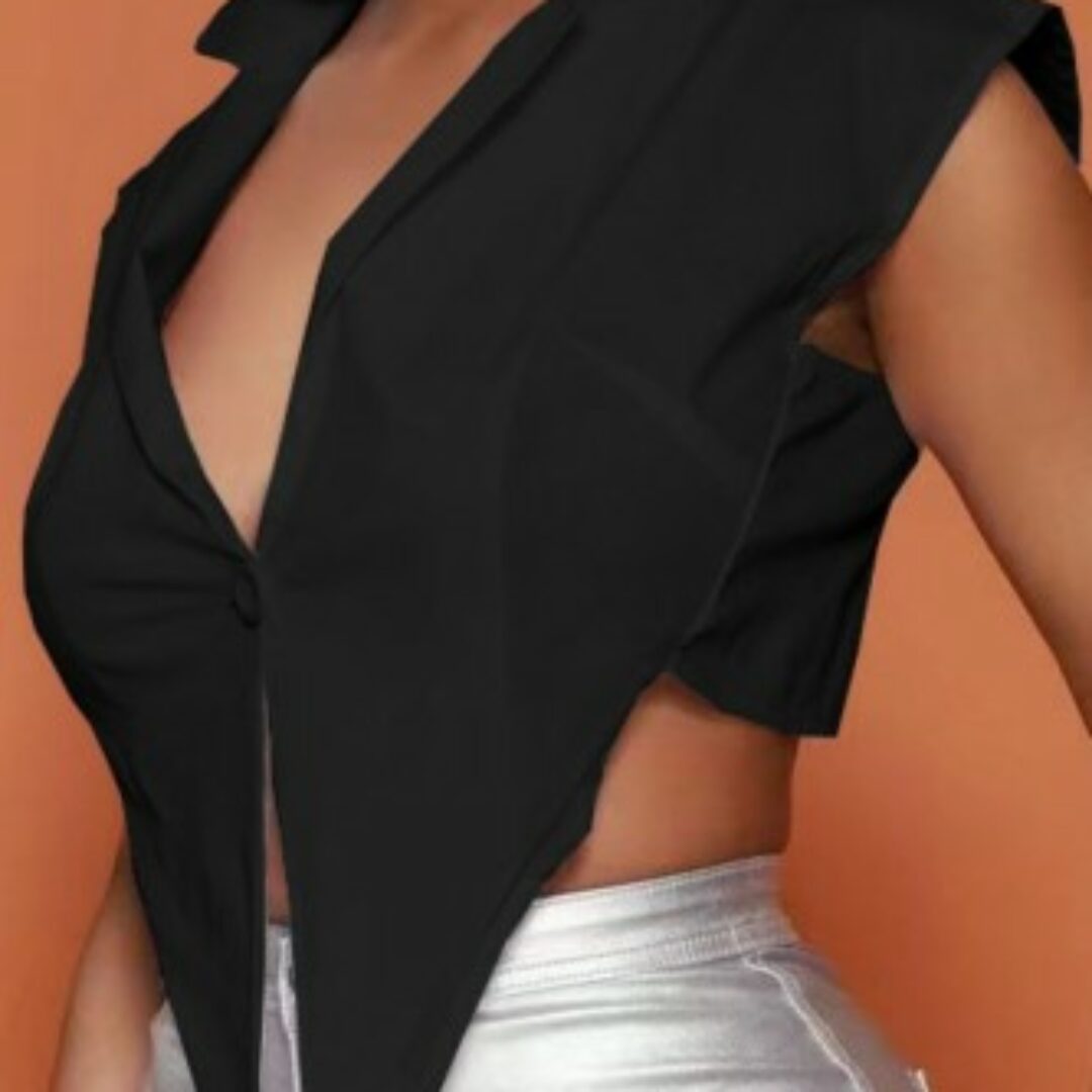 Black Asymmetrical Turndown Collar Sleeveless Crop Top