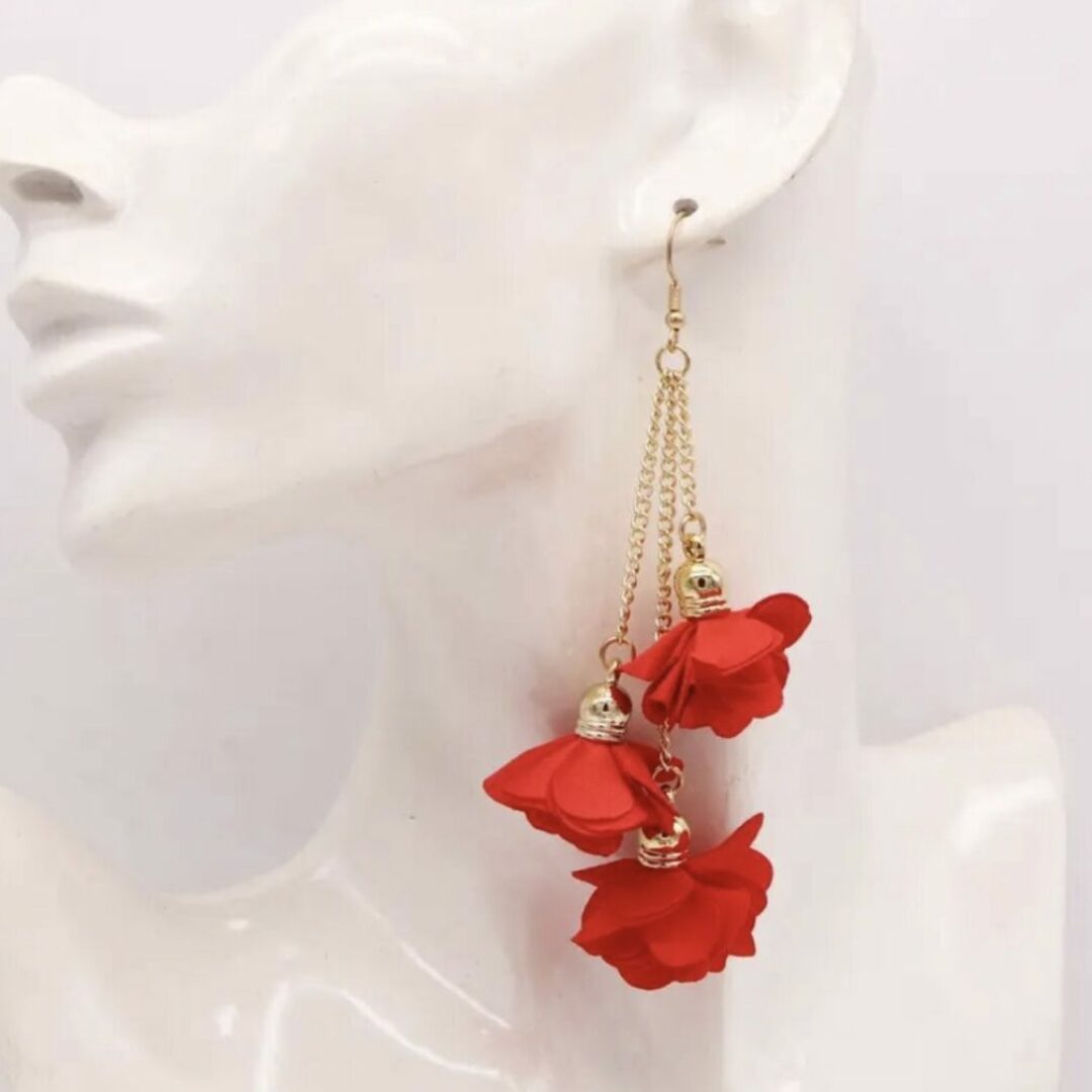 Gold & Red Flower Petals Hanging Earrings