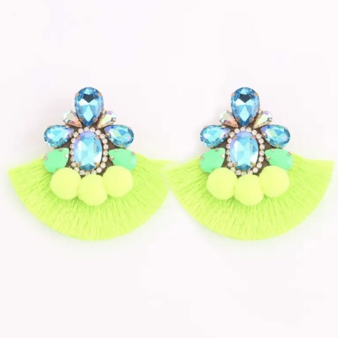 Neon Green & Blue Bohemian Fringe Tassle Cluster Earrings